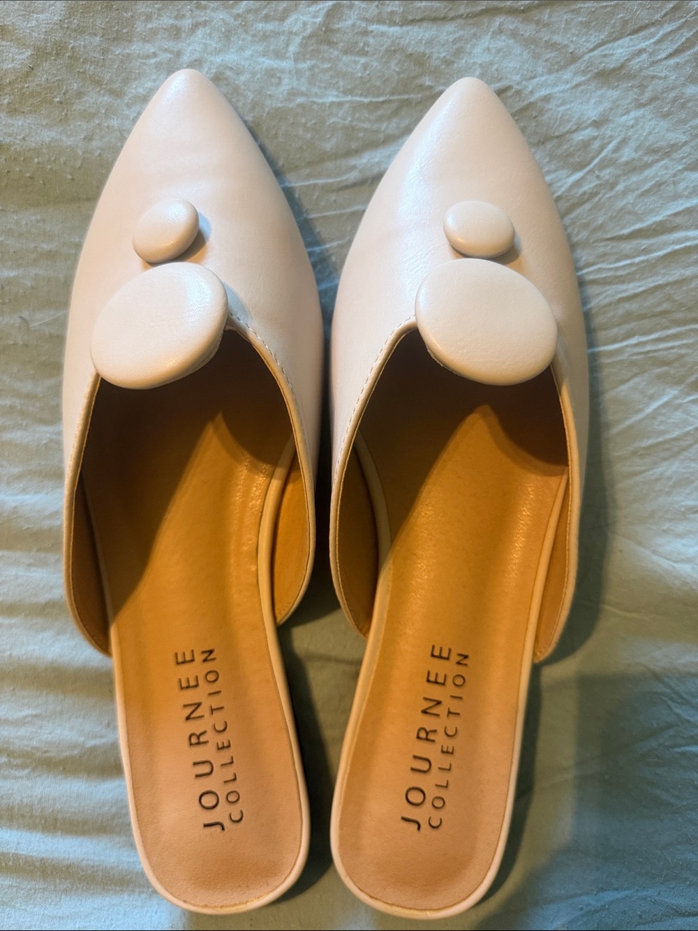 Journee Collection Pointed Toe Cream Slip-On Mules with Button Detail BNWT